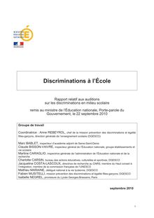Discriminations à l Ecole - Rapport relatif aux auditions sur les discriminations en milieu scolaire