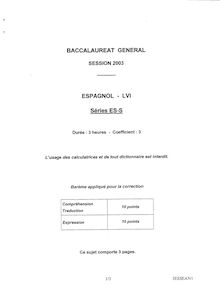 Baccalaureat 2003 lv1 espagnol sciences economiques et sociales amerique du nord
