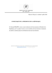 Communiqué de la présidence de la République - démission d Edouard Philippe
