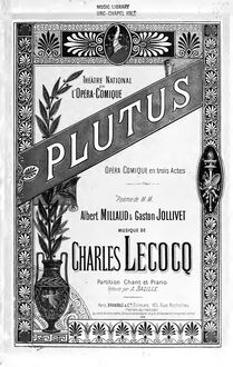 Partition complète, Plutus, Opéra comique en trois actes, Lecocq, Charles