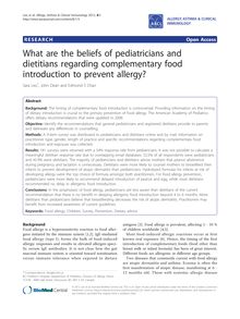 What are the beliefs of pediatricians and dietitians regarding complementary food introduction to prevent allergy?