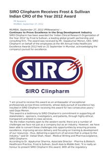 SIRO Clinpharm Receives Frost & Sullivan Indian CRO of the Year 2012 Award