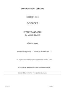 Sujet épreuve anticipée Sciences 2015 - Série ES et L 