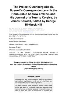 Boswell s Correspondence with the Honourable Andrew Erskine, and His Journal of a Tour to Corsica