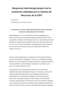 Nespresso está decepcionado con la resolución adoptada por la Cámara de Recursos de la OEP