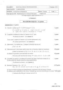 Corrige BACPRO CARROSSERIE Mathematiques et sciences physiques 2003