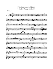 Partition cor 1, 2 (en G, D), violon Concerto No.3, G major, Mozart, Wolfgang Amadeus