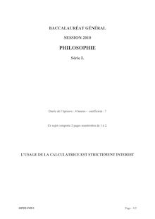Philosophie 2010 Littéraire Baccalauréat général
