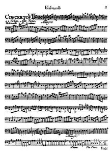 Partition violoncelles (600dpi), 12 Concertos à cinque, Op.7, Concerti a cinque con violini, oboè, violetta, violoncello e basso continuo. opera settima.
