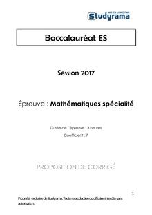 Corrigé Bac ES 2017 - Mathématiques spécialités