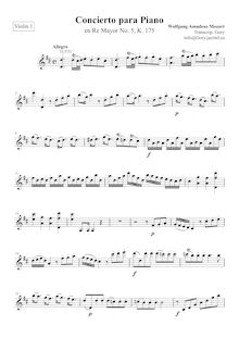 Partition violons I, Piano Concerto No.5, 5, D major, Mozart, Wolfgang Amadeus
