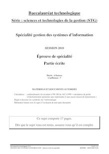 Gestion des systèmes d information 2010 S.T.G (Gestion des Systèmes d Information) Baccalauréat technologique