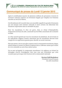 Conseil Français du Culte Musulman - Boubakeur - Communiqué de presse du Lundi 12 janvier 2015