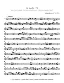 Partition violon 1, 12 sonates pour 2 violons avec a basse pour pour violoncelle ou Harpsicord par William Boyce