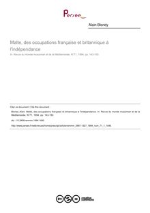 Malte, des occupations française et britannique à l indépendance - article ; n°1 ; vol.71, pg 143-150