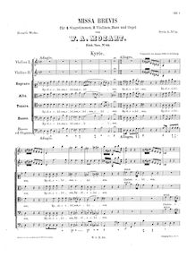 Partition complète, Missa brevis, Mass No.2, D minor, Mozart, Wolfgang Amadeus