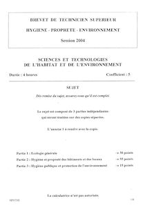 Sciences et technologies de l habitat et de l environnement 2004 BTS Hygiène propreté environnement