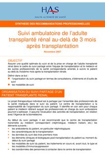 Suivi ambulatoire de l’adulte transplanté rénal au-delà de 3 mois après transplantation - Suivi du transplanté rénal - Synthèse des recommandations