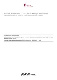 J.O. Ibik, Malawi, vol. 1, The Law of Marriage and Divorce - note biblio ; n°3 ; vol.22, pg 604-605