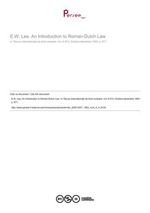 E.W. Lee, An Introduction to Roman-Dutch Law - note biblio ; n°4 ; vol.6, pg 1231-1231