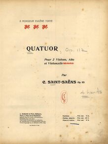 Partition couverture couleur, corde quatuor No. 1, E minor, Saint-Saëns, Camille