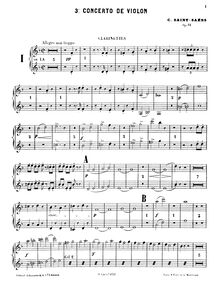 Partition clarinette 1/2 (A, B♭), violon Concerto No.3, B minor
