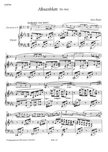 Partition complète, Albumblatt pour clarinette et Piano en E-flat major