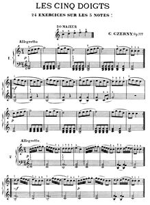 Partition complète, Les Cinq Doigts, 24 Excercices sur les 5 Notes par Carl Czerny