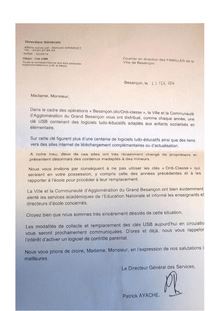 Lettre de la ville de Besançon - polémique de la clé USB pédagogique