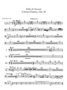 Partition timbales, tambourin, Carmen Concert Fantasy, Op 25, Sarasate, Pablo de