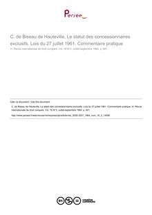 C. de Biseau de Hauteville, Le statut des concessionnaires exclusifs. Lois du 27 juillet 1961. Commentaire pratique - note biblio ; n°3 ; vol.16, pg 641-641