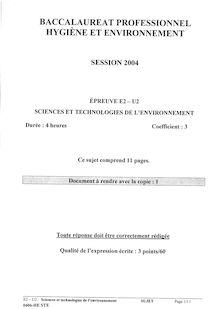 Sciences et technologies de l environnement 2004 Bac Pro - Hygiène et environnement