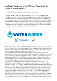Unilever Partners with PSI and Facebook to Launch Waterworks™