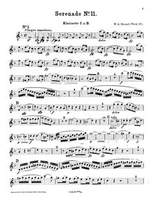 Partition clarinette 1 (en B♭), Serenade, Serenade No.11 ; Serenade for Winds