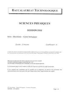 Sciences physiques 2002 S.T.L (Biochimie et génie biologique) Baccalauréat technologique