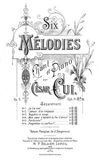 Partition Title page of 1895 edition, 6 Romances, Шесть романсов ; Six mélodies