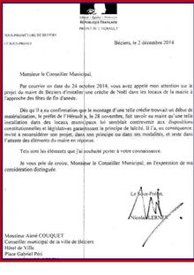 Robert Ménard - Crèche de Béziers - Photocopie de la lettre Officielle du Sous-Préfet 