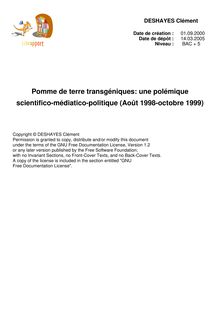Pomme de terre transgéniques: une polémique scientifico-médiatico-politique (Août 1998-octobre 1999) 
