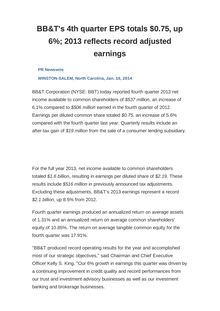 BB&T s 4th quarter EPS totals $0.75, up 6%; 2013 reflects record adjusted earnings