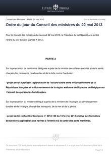 Ordre du jour du Conseil des ministres du 22 mai 2013