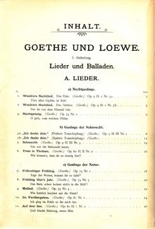 Partition Inhalt, Goethe und Loewe - chansons und Balladen, Loewe, Carl