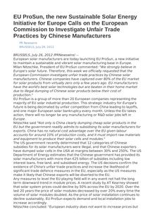 EU ProSun, the new Sustainable Solar Energy Initiative for Europe Calls on the European Commission to Investigate Unfair Trade Practices by Chinese Manufacturers