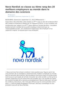 Novo Nordisk se classe au 4ème rang des 20 meilleurs employeurs au monde dans le domaine des sciences