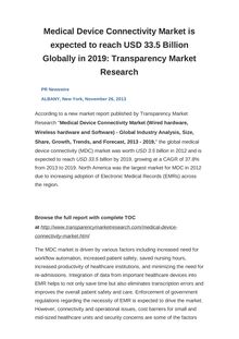 Medical Device Connectivity Market is expected to reach USD 33.5 Billion Globally in 2019: Transparency Market Research