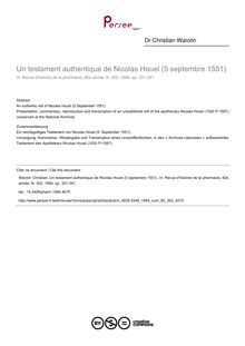 Un testament authentique de Nicolas Houel (5 septembre 1551) - article ; n°302 ; vol.82, pg 331-341