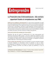 La Financière des Créinvestisseurs : des seniors apportent fonds et compétences aux PME