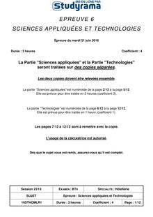 Sujet BACHôtellerie Sciences appliquées et technologies 2016