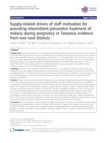 Supply-related drivers of staff motivation for providing intermittent preventive treatment of malaria during pregnancy in Tanzania: evidence from two rural districts