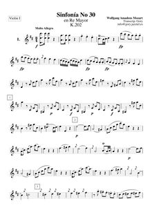 Partition violons I, Symphony No.30, D major, Mozart, Wolfgang Amadeus