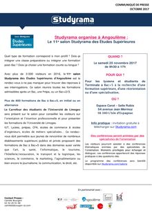 Studyrama organise le 11e salon des Études Supérieuresà Angoulême, le 25 novembre 2017